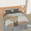 Double Bed With Wooden Headboard Gray Beige Bedding White Lamps Gray Rug And Open Book