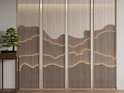 Modern Wooden Partition Screen With Vertical Slats And Mountain Pattern Backlit For Interior Design 3d model