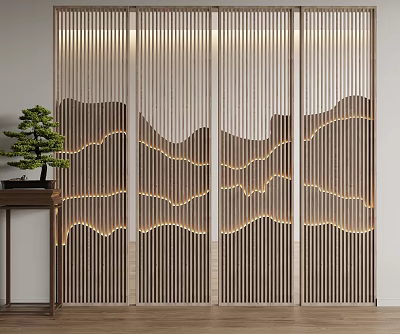 Modern Wooden Partition Screen With Vertical Slats And Mountain Pattern Backlit For Interior Design 3d model