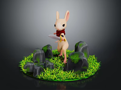 Cartoon Rabbit Game Character In Red Outfit Holding Book Standing On Green Grass With Rocks 3d model