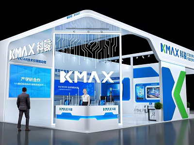 KMAX White and Blue Exhibition Booth with Glass Structure Display Screens and Staff 3d model