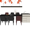 Contemporary Rectangular Dining Table Set With Six Black Brown Chairs And Fruit Bowl Decoration
