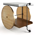 Stylish Wheeled Side Table With Woven Rattan Wheels Marble Top And Wooden Shelf