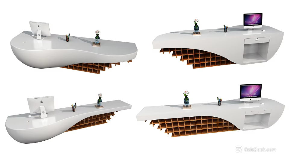 Modern Reception Desk Design With White Countertop Wooden Shelf Base Decorative Vase And Computer Monitor 3d model 