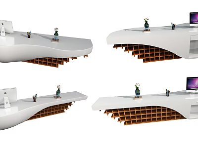 Modern Reception Desk Design With White Countertop Wooden Shelf Base Decorative Vase And Computer Monitor 3d model
