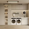 Modern Laundry Room Interior With Two Washing Machines White Cabinets Wall Shelves And Window Blinds