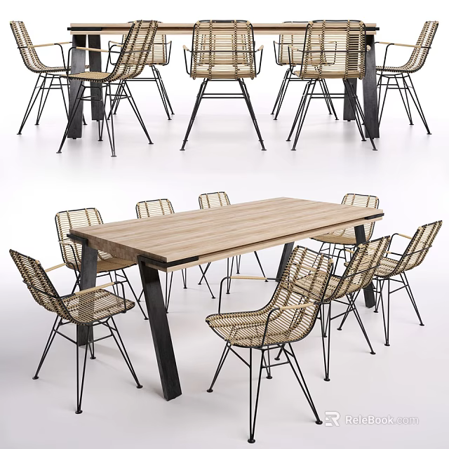 Modern Dining Table Set With Wooden Top And Rattan Chairs With Metal Legs 3d model 