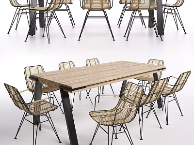 Modern Dining Table Set With Wooden Top And Rattan Chairs With Metal Legs 3d model
