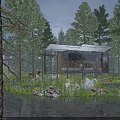 Modern Glass Boutique Hotel Building Amid Forest Trees With Water Reflection And Grass Stones
