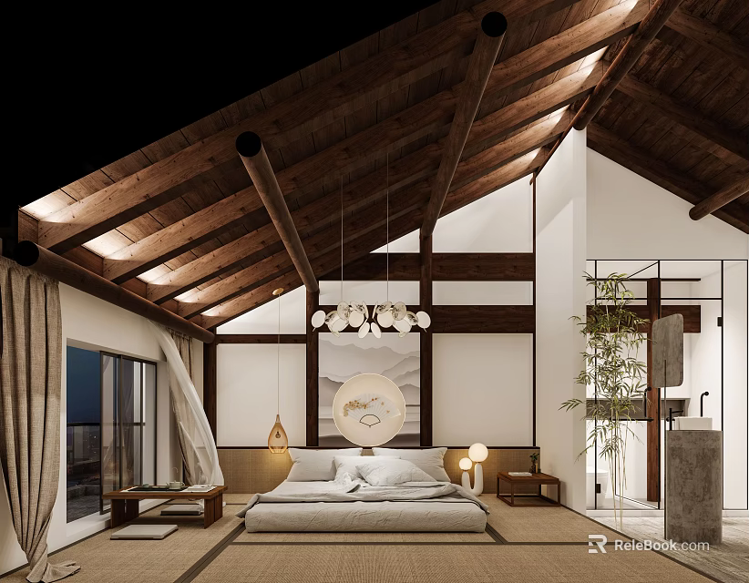 Simple Wooden Bedroom Interior With Roof Beams Hanging Lamp Bed And Floor To Ceiling Window 3d model 