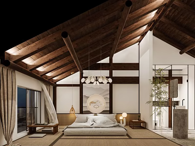 Simple Wooden Bedroom Interior With Roof Beams Hanging Lamp Bed And Floor To Ceiling Window 3d model