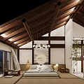 Simple Wooden Bedroom Interior With Roof Beams Hanging Lamp Bed And Floor To Ceiling Window