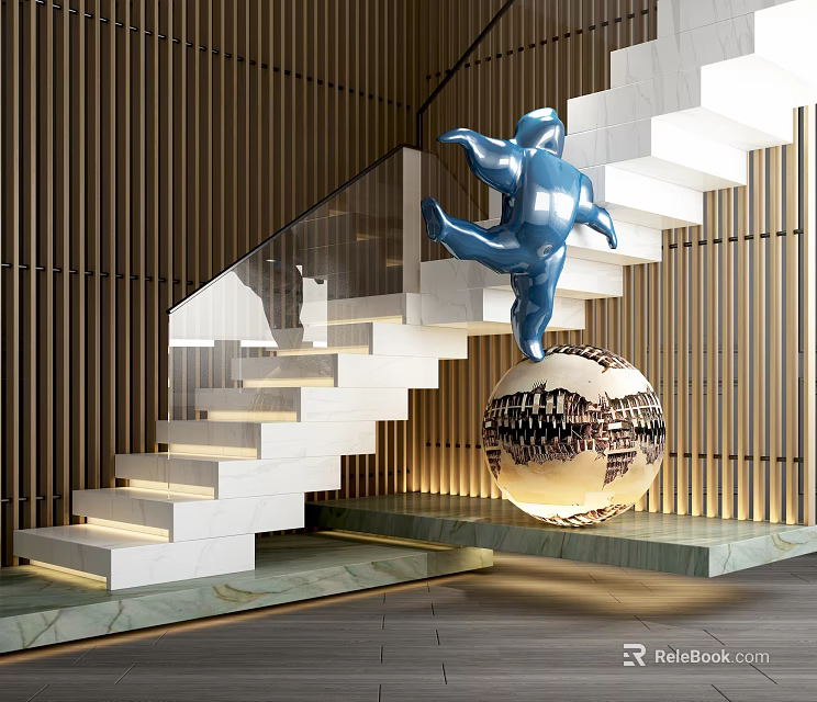 Modern White Staircase With Glass Railing Blue Sculpture On Globe And Wooden Wall Lighting 3d model 