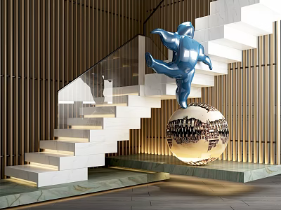 Modern White Staircase With Glass Railing Blue Sculpture On Globe And Wooden Wall Lighting 3d model
