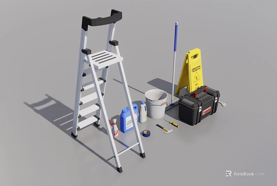 Essential Tools for Public Facilities Maintenance Including Ladder Mop Warning Sign and Supplies 3d model 