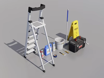 Essential Tools for Public Facilities Maintenance Including Ladder Mop Warning Sign and Supplies 3d model
