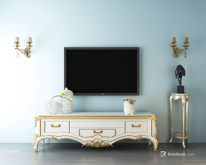 Elegant White TV Stand With Gold Accents Wall Sconces Decorative Items And Light Blue Wall 3d model 