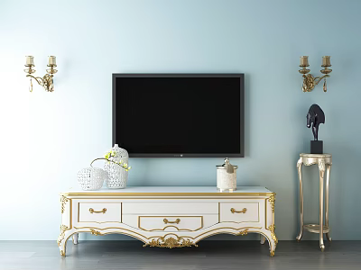 Elegant White TV Stand With Gold Accents Wall Sconces Decorative Items And Light Blue Wall 3d model