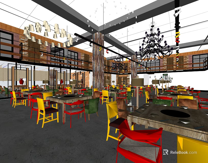 Vibrant Restaurant Interior With Colorful Chairs Wooden Tables And Chandeliers 3d model 