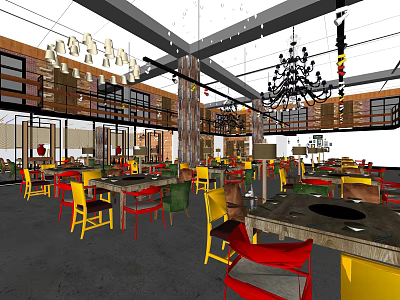 Vibrant Restaurant Interior With Colorful Chairs Wooden Tables And Chandeliers 3d model