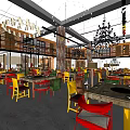 Vibrant Restaurant Interior With Colorful Chairs Wooden Tables And Chandeliers