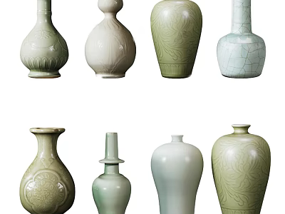 Ceramic Vases with Various Shapes Pastel Colors and Decorative Patterns 3d model