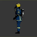 Game and Movie Character in Blue Firefighter Uniform With Yellow Stripes Helmet Mask and Equipment