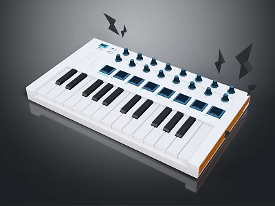White MIDI Keyboard Instrument With Black Keys Blue Pads Knobs And Dark Background Decor 3d model