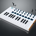 White MIDI Keyboard Instrument With Black Keys Blue Pads Knobs And Dark Background Decor 3d model