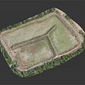 3D Model of Open Field Surrounded by Green Vegetation and Pathways
