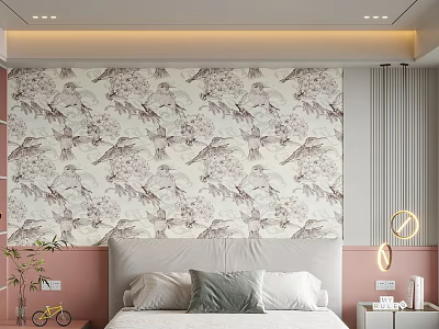 Bedroom Accent Wall With Floral And Bird Pattern In Soft Neutral Tones For Modern Decor 3d model