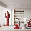 Modern Study Room Interior With Spacious Desk Red Chair Bookshelf And Artwork Decor