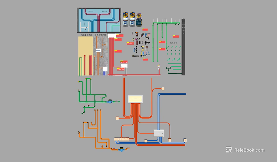 Piping System Design Layout With Colored Pipes And Component Diagrams 3d model 