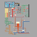 Piping System Design Layout With Colored Pipes And Component Diagrams