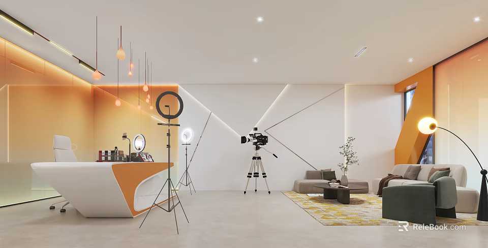 Modern Photography Studio Interior With Lighting Equipment Camera Tripod Sofa Coffee Table And Decorative Plant 3d model 