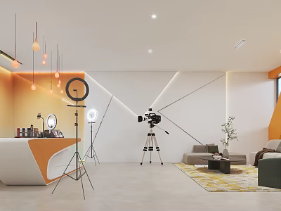 Modern Photography Studio Interior With Lighting Equipment Camera Tripod Sofa Coffee Table And Decorative Plant 3d model
