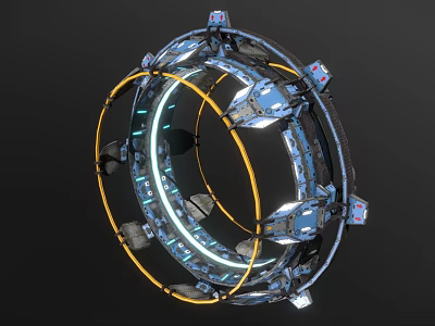 Futuristic Circular Sci Fi Gate Featuring Illuminated Blue Yellow Lights And Metallic Structure 3d model