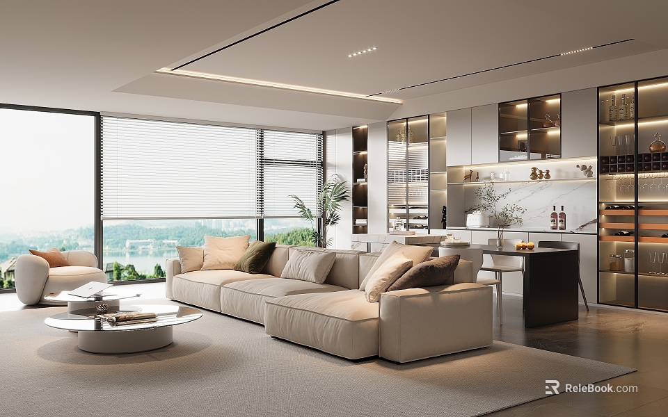 Modern Living Dining Room Interior With Beige Sofa Coffee Table Large Windows And Scenic View 3d model 