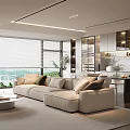 Modern Living Dining Room Interior With Beige Sofa Coffee Table Large Windows And Scenic View