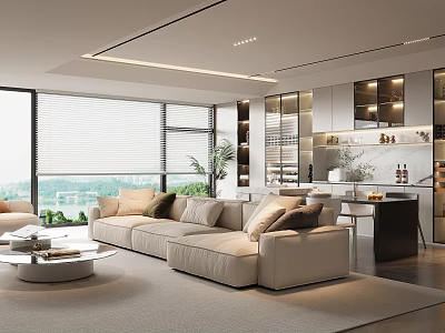 Modern Living Dining Room Interior With Beige Sofa Coffee Table Large Windows And Scenic View 3d model