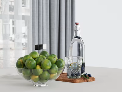Fresh Green Limes In Glass Bowl With Transparent Bottle Blueberries On Wooden Tray By Gray Curtains Window 3d model