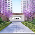 Serene Garden Landscape With Curved Path Lush Trees Pink Flowering Shrubs and Modern Buildings