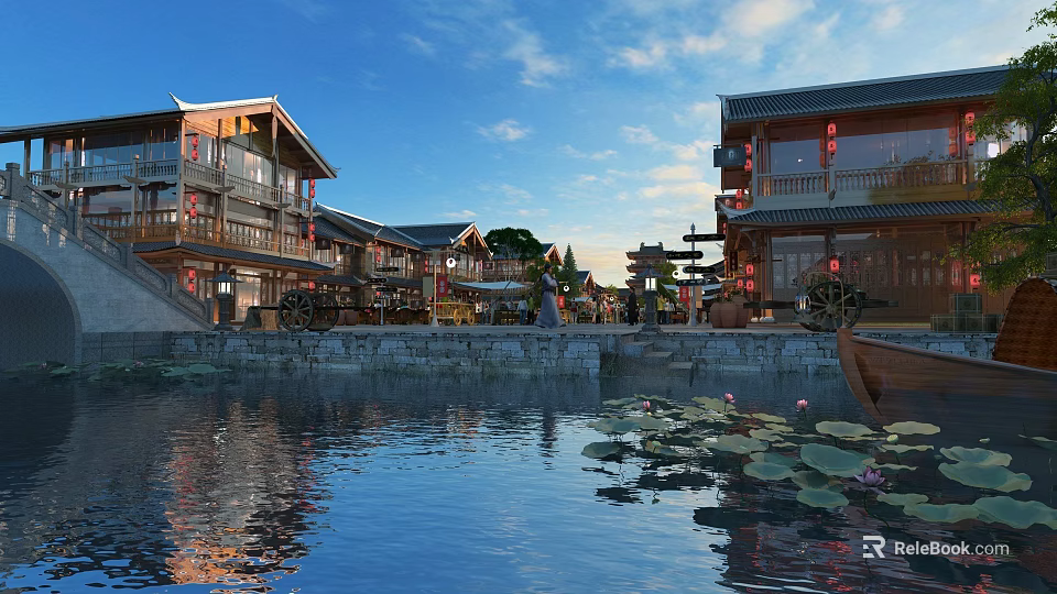 Traditional Commercial Street Waterfront With Lotus Flowers Wooden Boat And Ancient Architecture Lanterns 3d model 