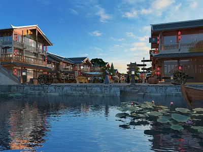 Traditional Commercial Street Waterfront With Lotus Flowers Wooden Boat And Ancient Architecture Lanterns 3d model