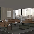 Modern Living Room Interior Design With Large Windows City View Sofa Coffee Table And Ottomans