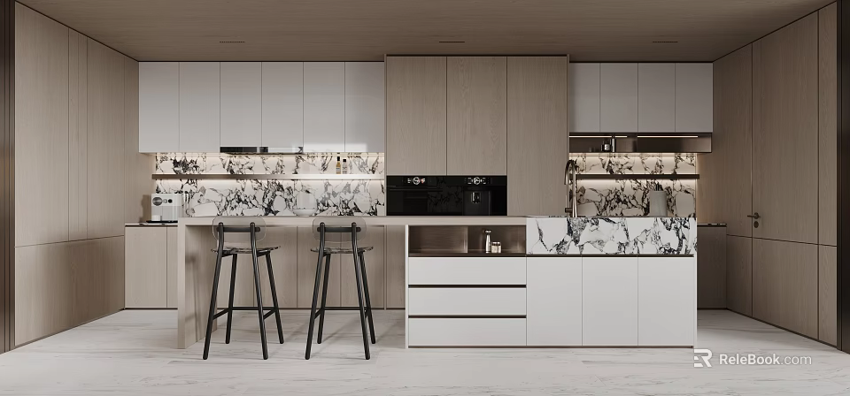 Modern Restaurant Interior Design With White Cabinets Wooden Island Marble Countertop And Bar Stools 3d model 