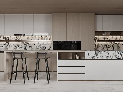 Modern Restaurant Interior Design With White Cabinets Wooden Island Marble Countertop And Bar Stools 3d model