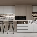 Modern Restaurant Interior Design With White Cabinets Wooden Island Marble Countertop And Bar Stools