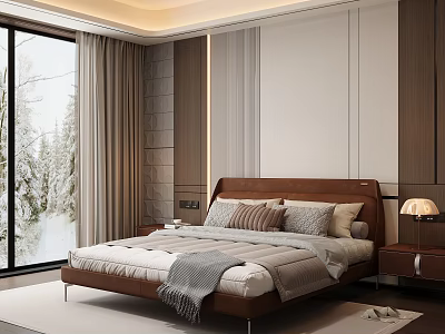 Modern Bedroom Interior With Bed Pillows Blanket Snowy View Window Wooden Elements And Light Walls 3d model