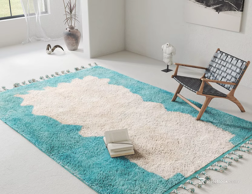 Modern Leisure Chair with Wooden Frame Woven Checkered Seat and Blue White Tassel Rug 3d model 